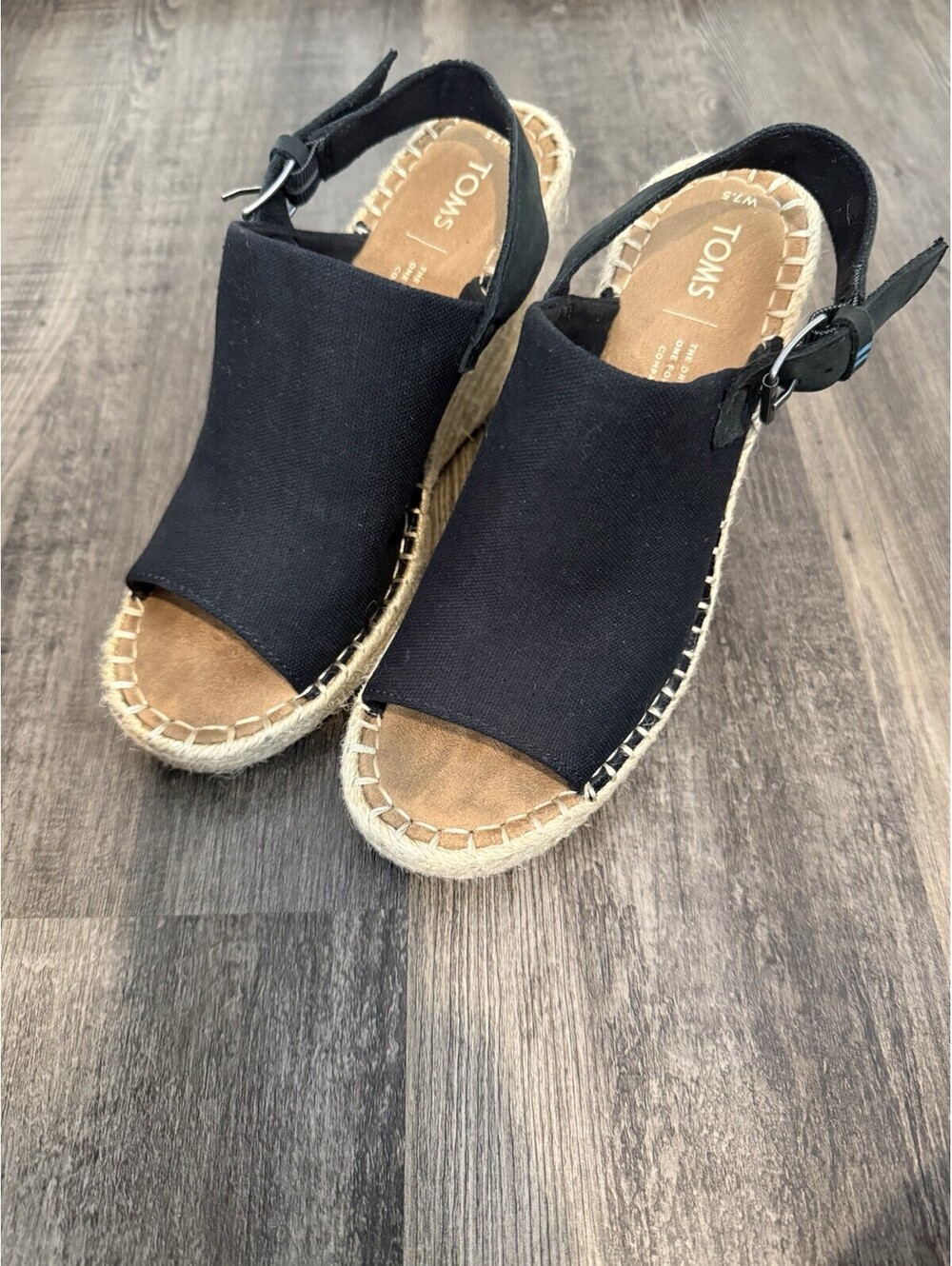 TOMS Womens Monica Espadrille Black Canvas Wedge Peep Toe Sandals Size 7.5